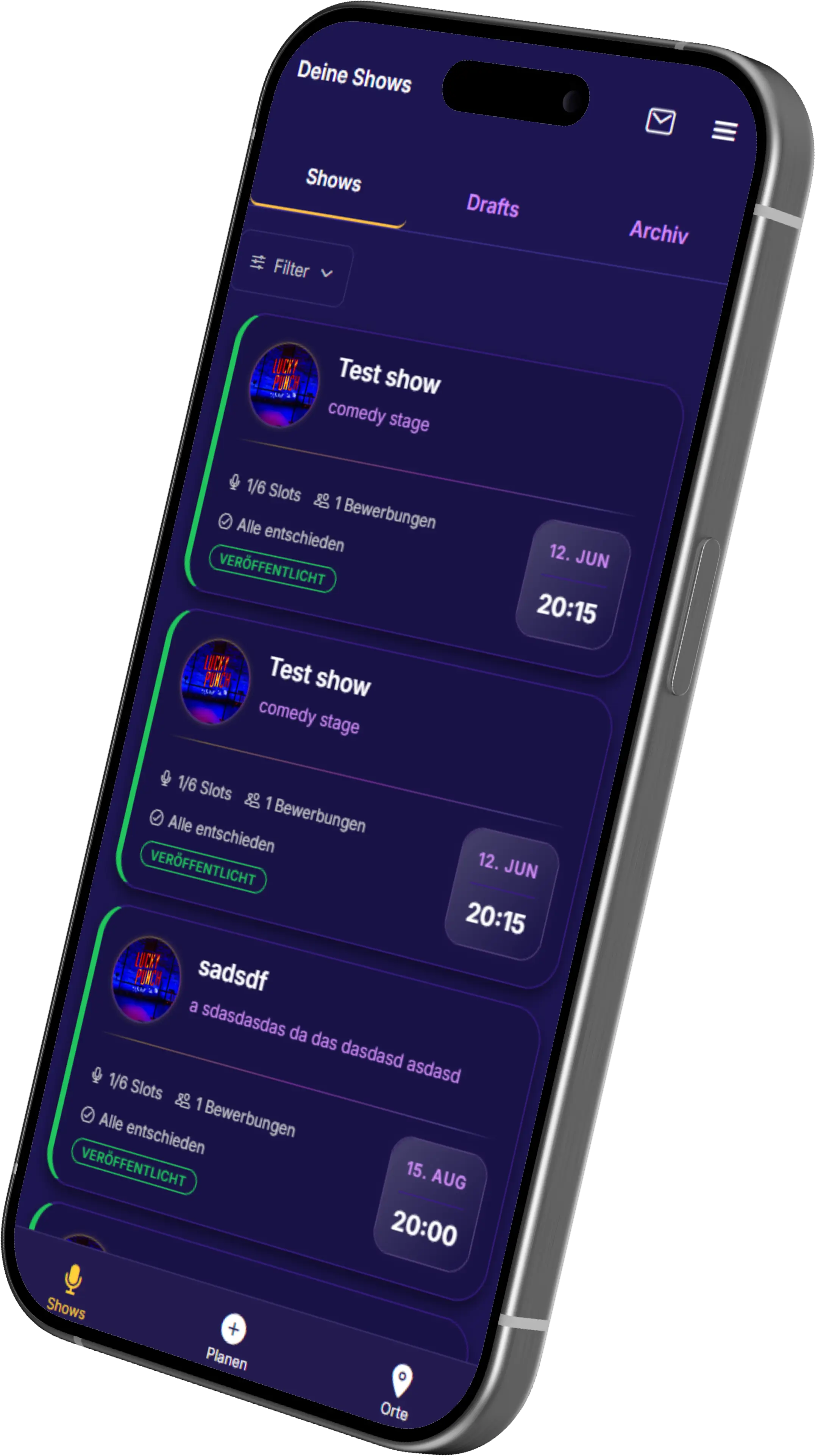 SPOTSTAGE App – Veranstalter-Ansicht mit Show-Besetzung